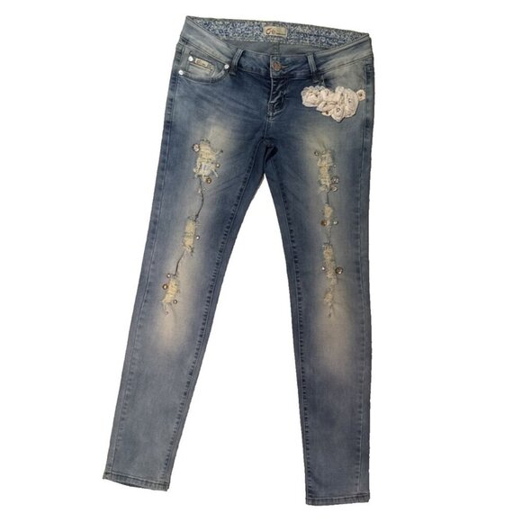 C -6 Fashion Jeans,28, BOHO, jewels, lace cream roses, rose gold gems, - Picture 1 of 16